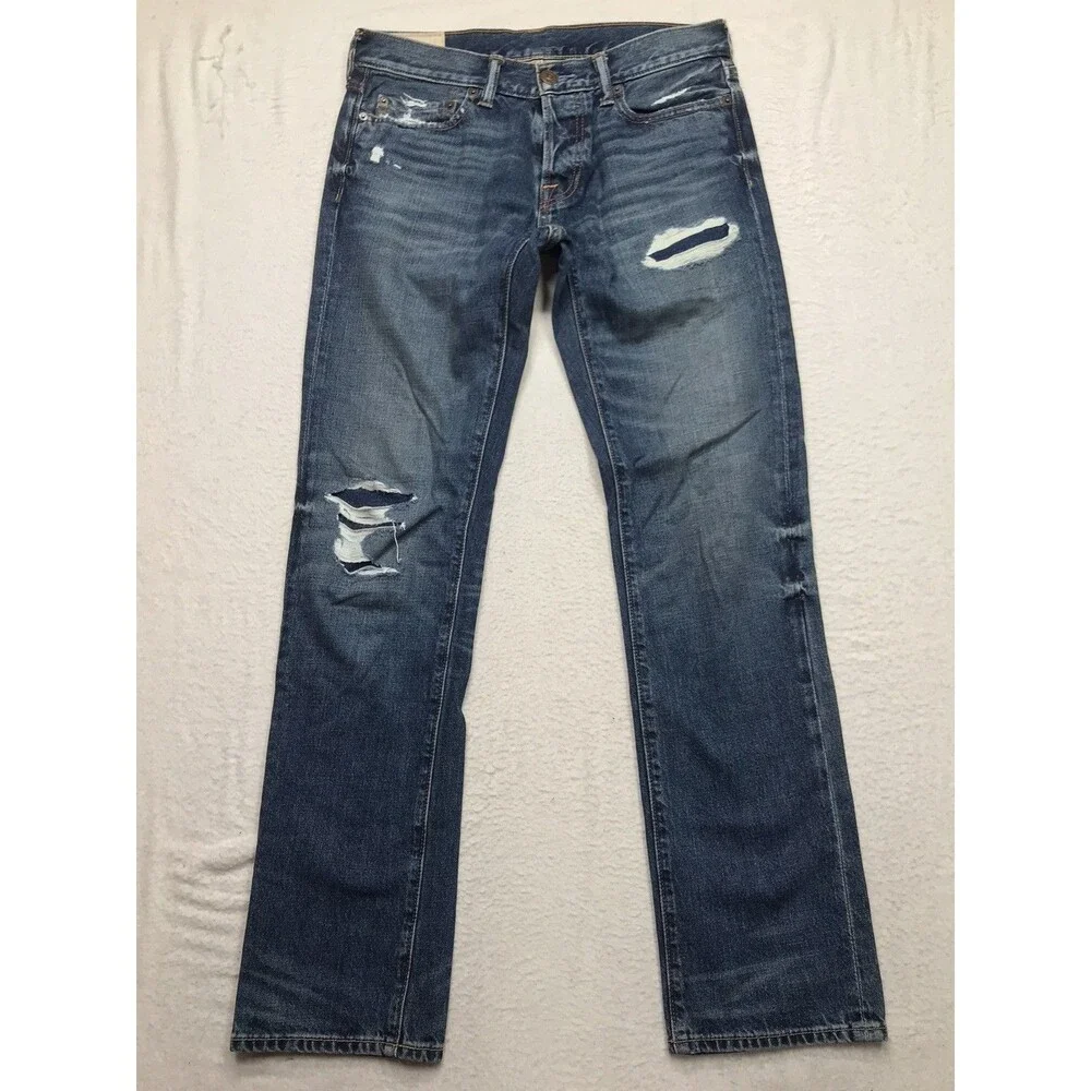 ABERCROMBIE & FITCH Jean Men 30x32 Button Fly Slim Straight Whisker Dark Wash